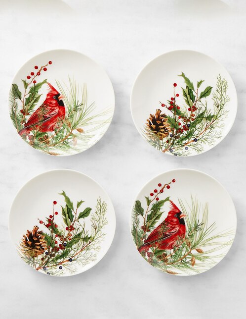 Set platos botana navideña Woodland Berry de porcelana 4 piezas